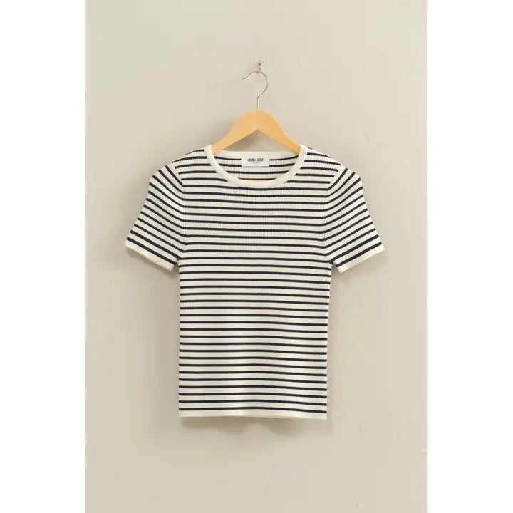 Short Sleeve Stripped Ribbed Navy Top