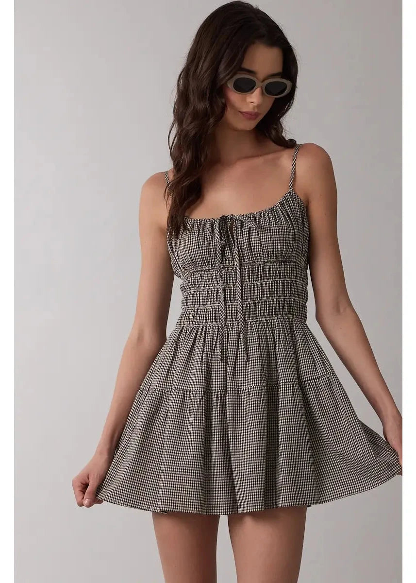 Black Gingham Smocked Waist Mini Dress
