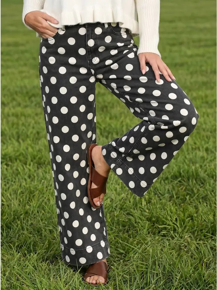 Polka Dot Straight Leg Denim Pants