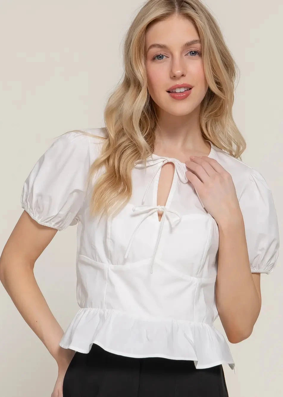 White Puff Sleeve Tie Poplin Top