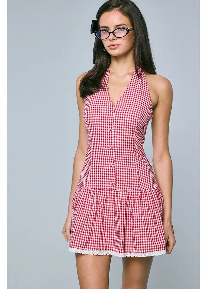 checkered halter dress Navy Gingham Halter Dress
