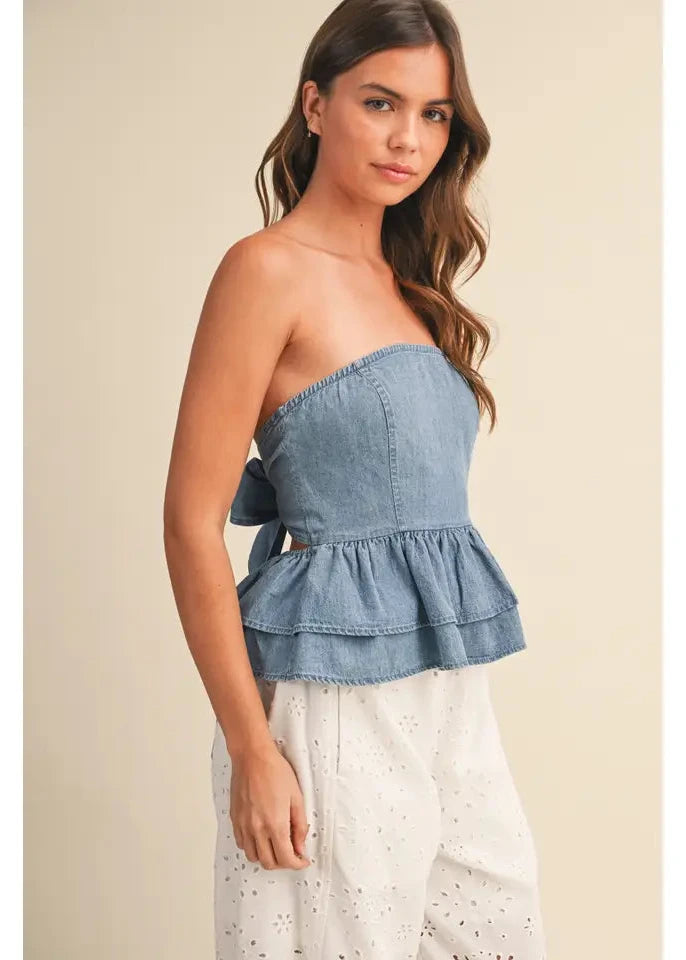 Strapless Tiered Peplum Tie Back Top