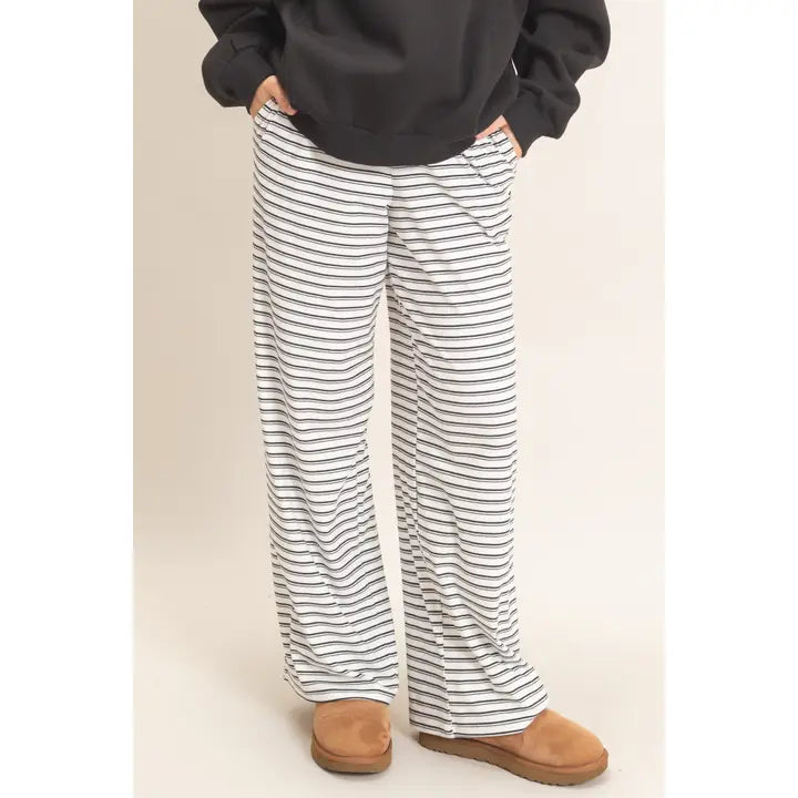 Striped White Elastic Waist Pants