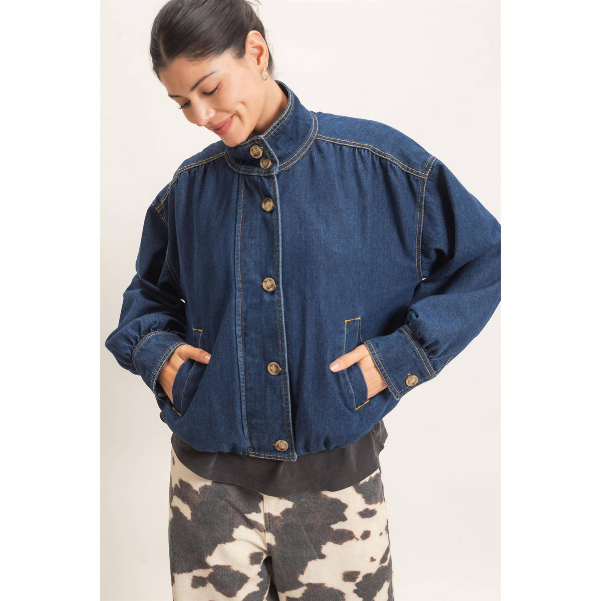 High Collar Denim Bomber Jacket in Dark Denim by HYFVE