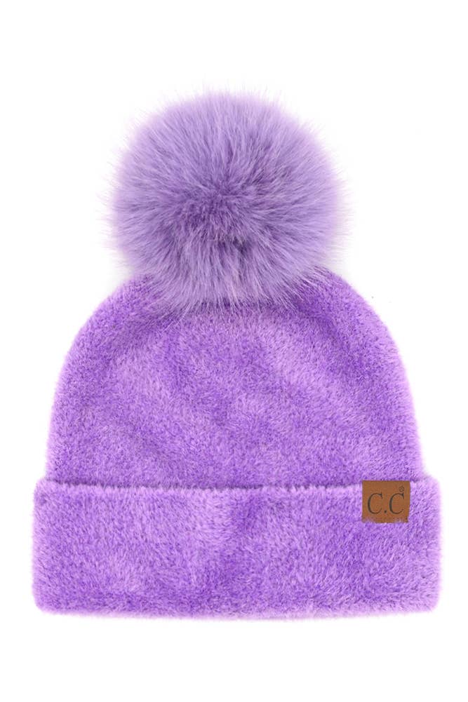 C.C Plush Terry Chenille Pom Beanie Winter Hat: Lavender