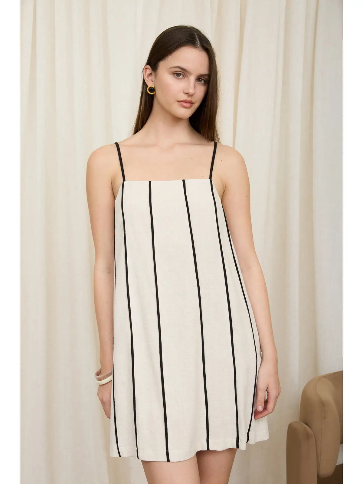 Spaghetti Strap Stripe Linen Midi Dress