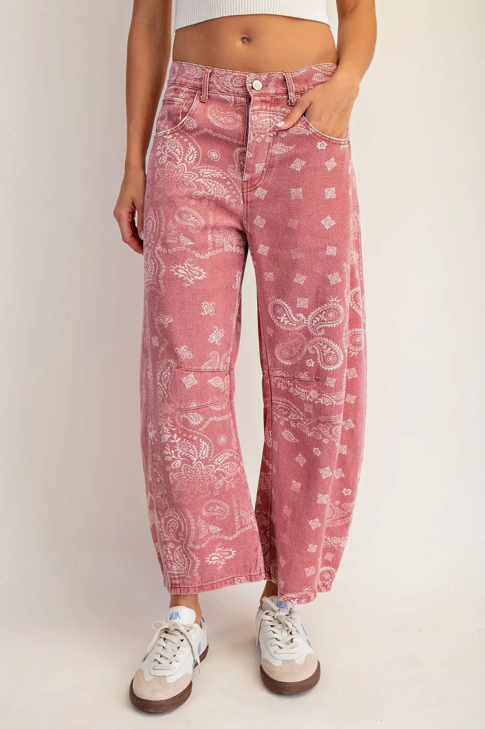 Mineral Washed Paisley Dusty Rose Barrel Jeans