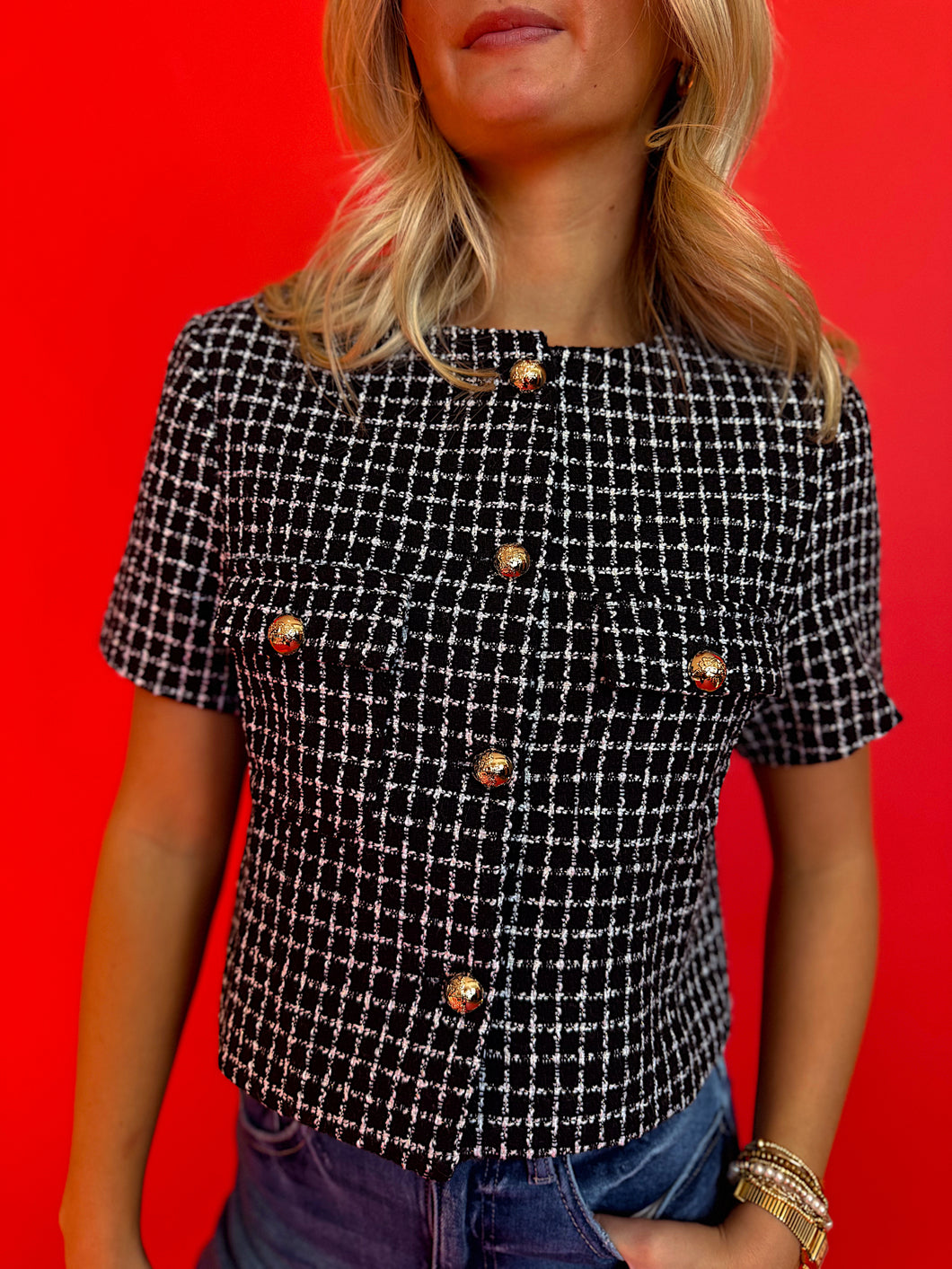 Short Sleeve Tweed Black Blazer