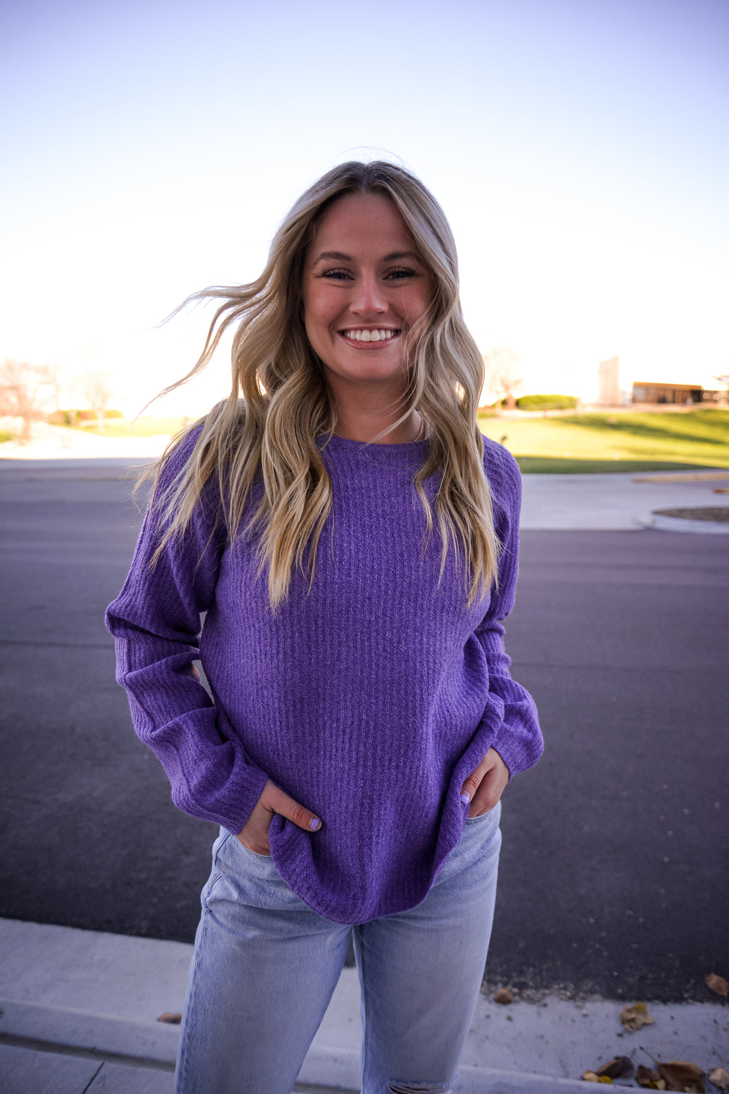 Purple Knitted Ribbed Sweater