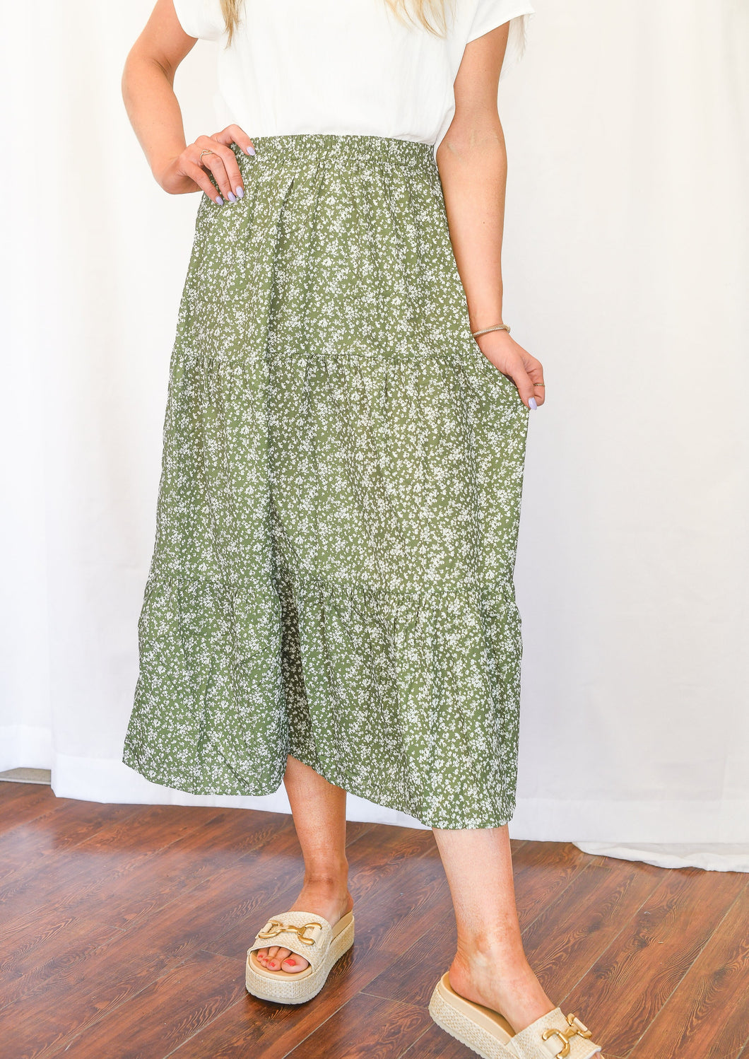 Olive Green Floral Skirt