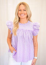 Load image into Gallery viewer, Lavender Gingham Ruffle Blouse
