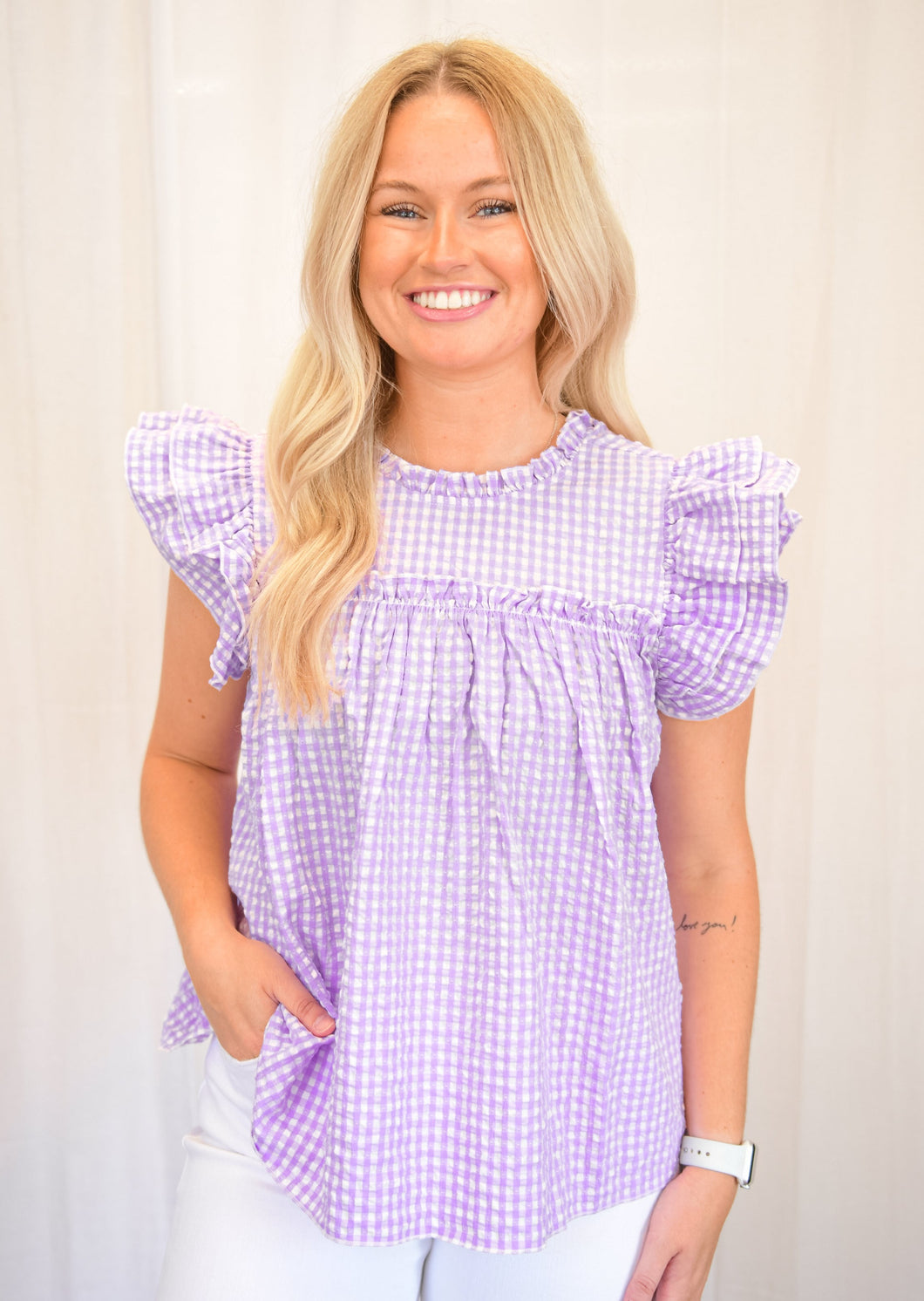 Lavender Gingham Ruffle Blouse