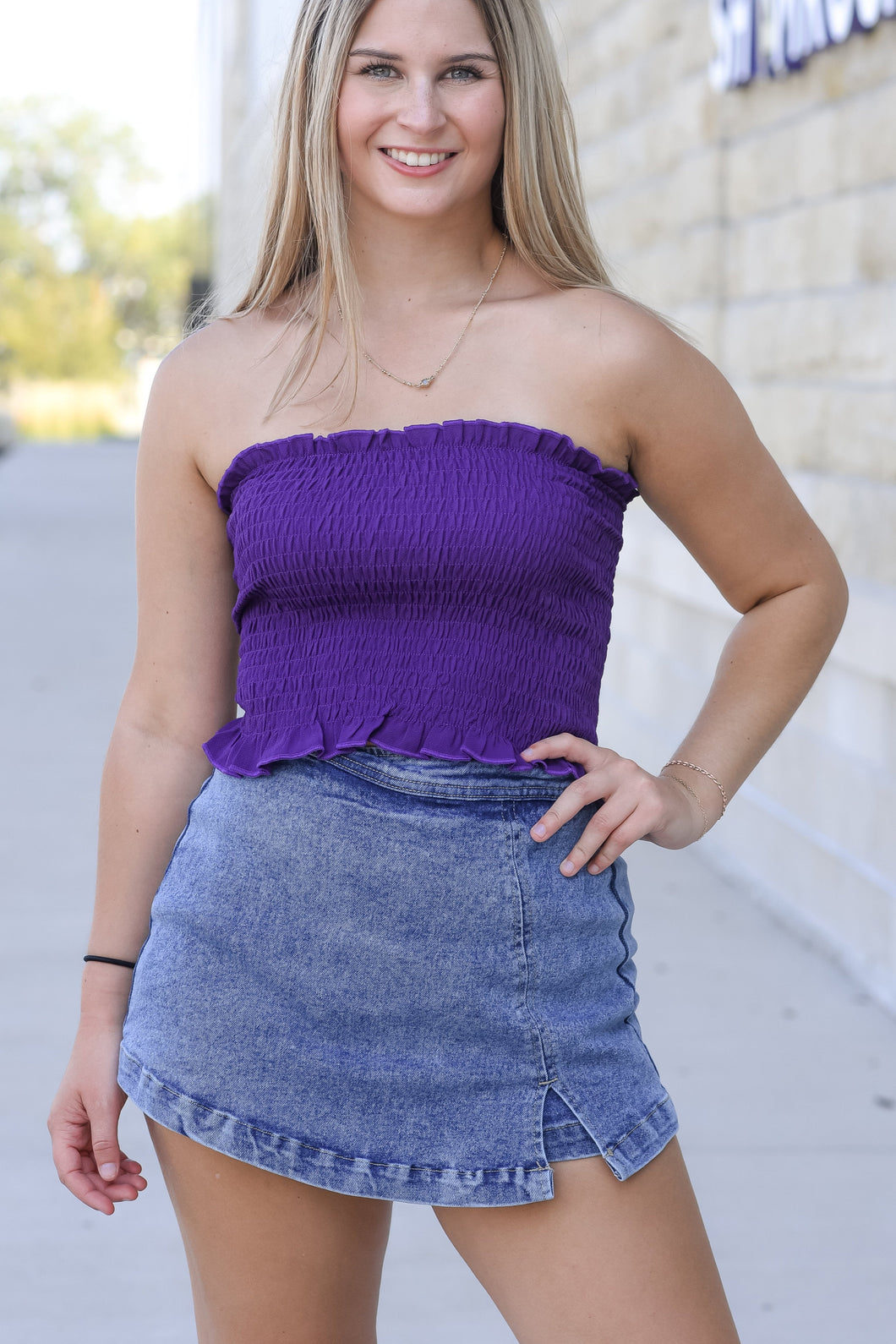 Purple Smocked Bandeau Top