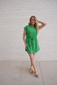 Green Ribbed Knit Drawstring Dress