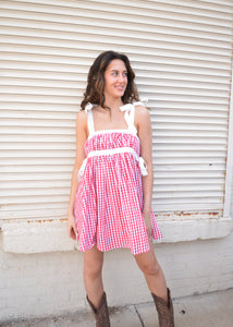 Ribbon Tie Red Gingham Mini Dress