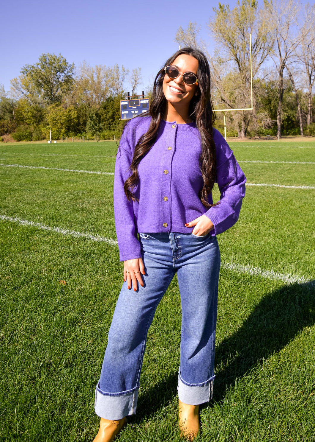 Relaxed Fit Roll Neck Button-Down Cardigan Sweater