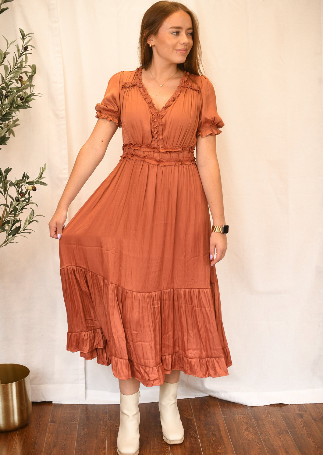 Sienna Ruffled Satin Mid Dress