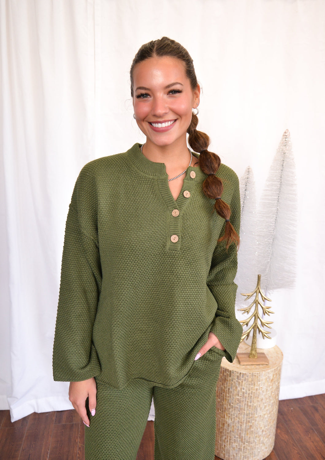 Comfy Green Henley Sweater