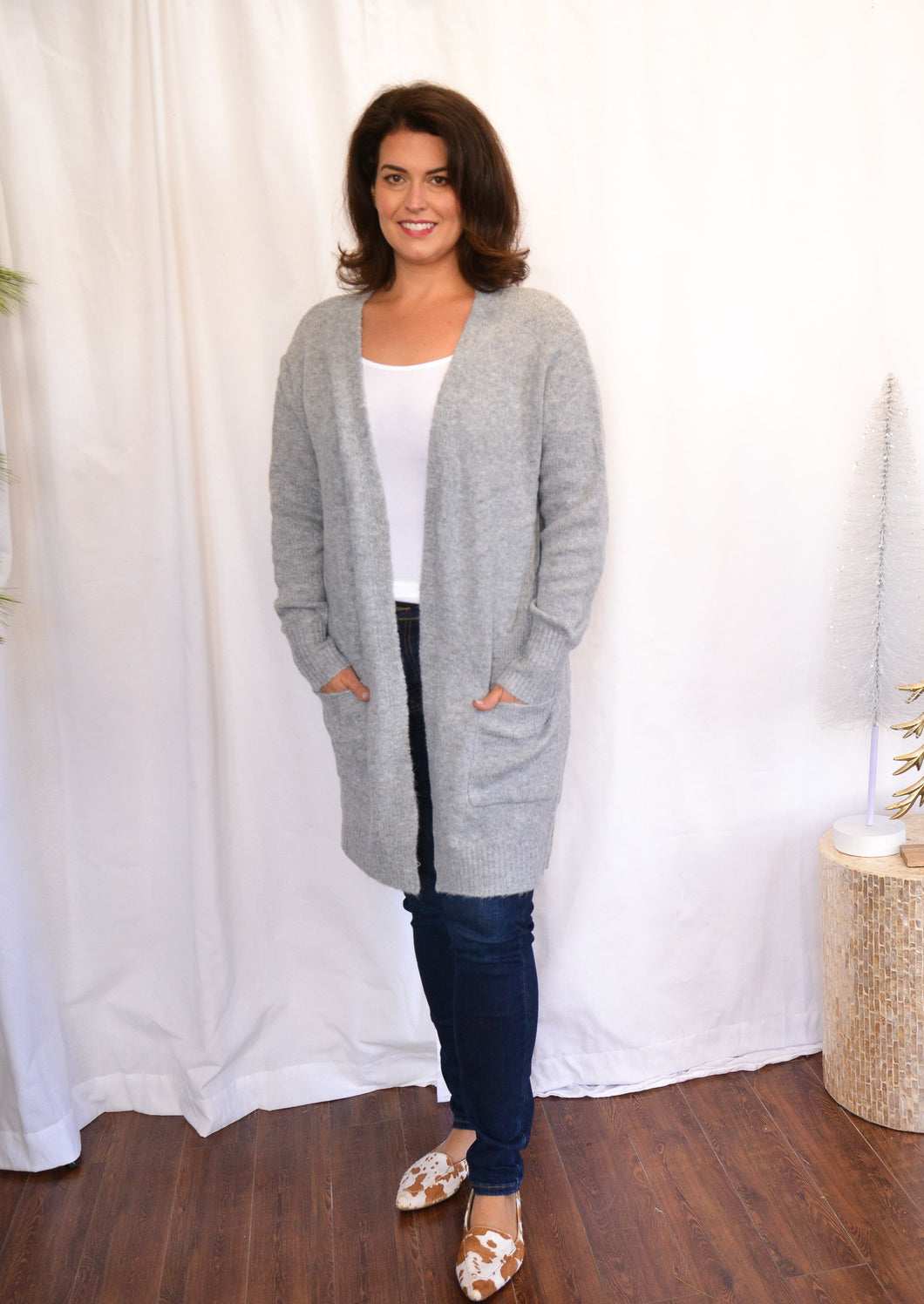 Two Pocket Open Front Knit Cardigan Grey
