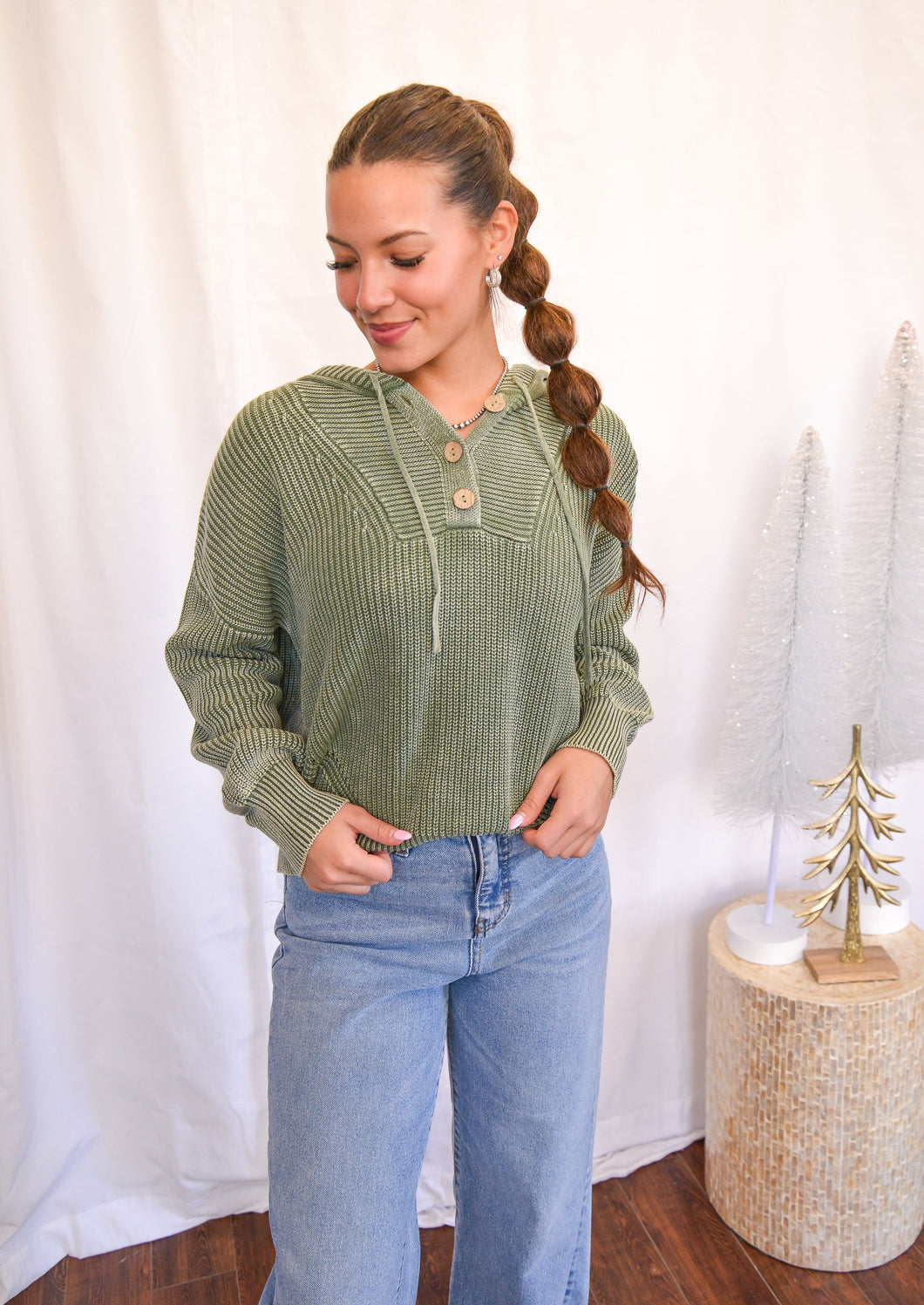 Green Henley Knit Sweater