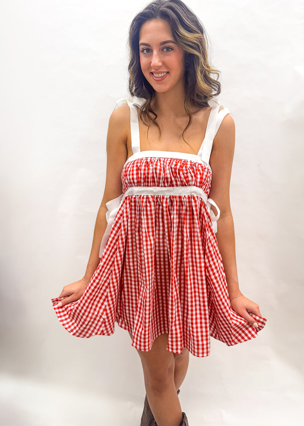 Ribbon Tie Red Gingham Mini Dress