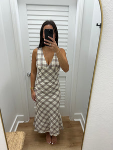 Plaid Cream Think Strap Midi Dress