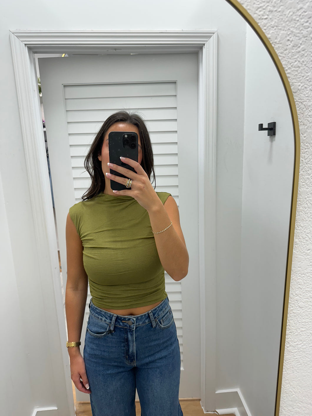 Funnel Neck Scrunch Olive Top