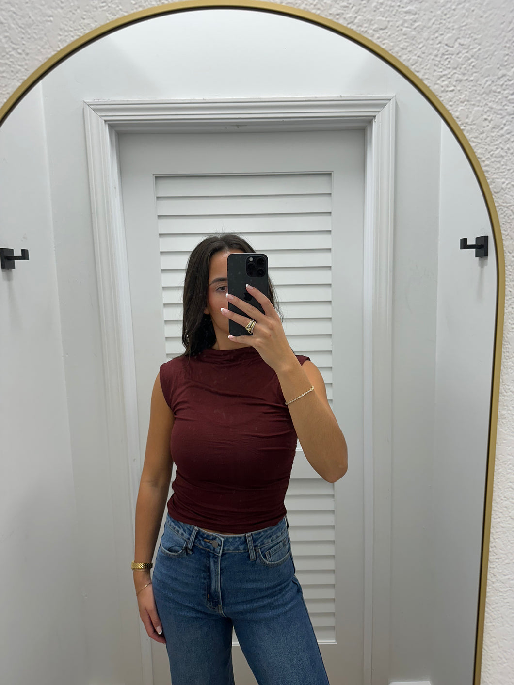 Funnel Neck Scrunch Burgundy Top