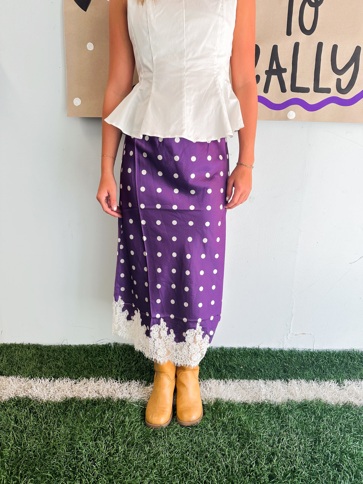 Polka Dot Lace Trim Midi Skirt