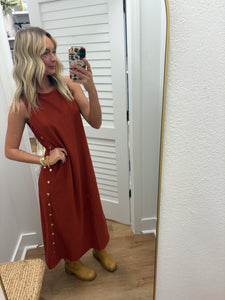 Gold Button Ribbed Sleeveless Midi Dress