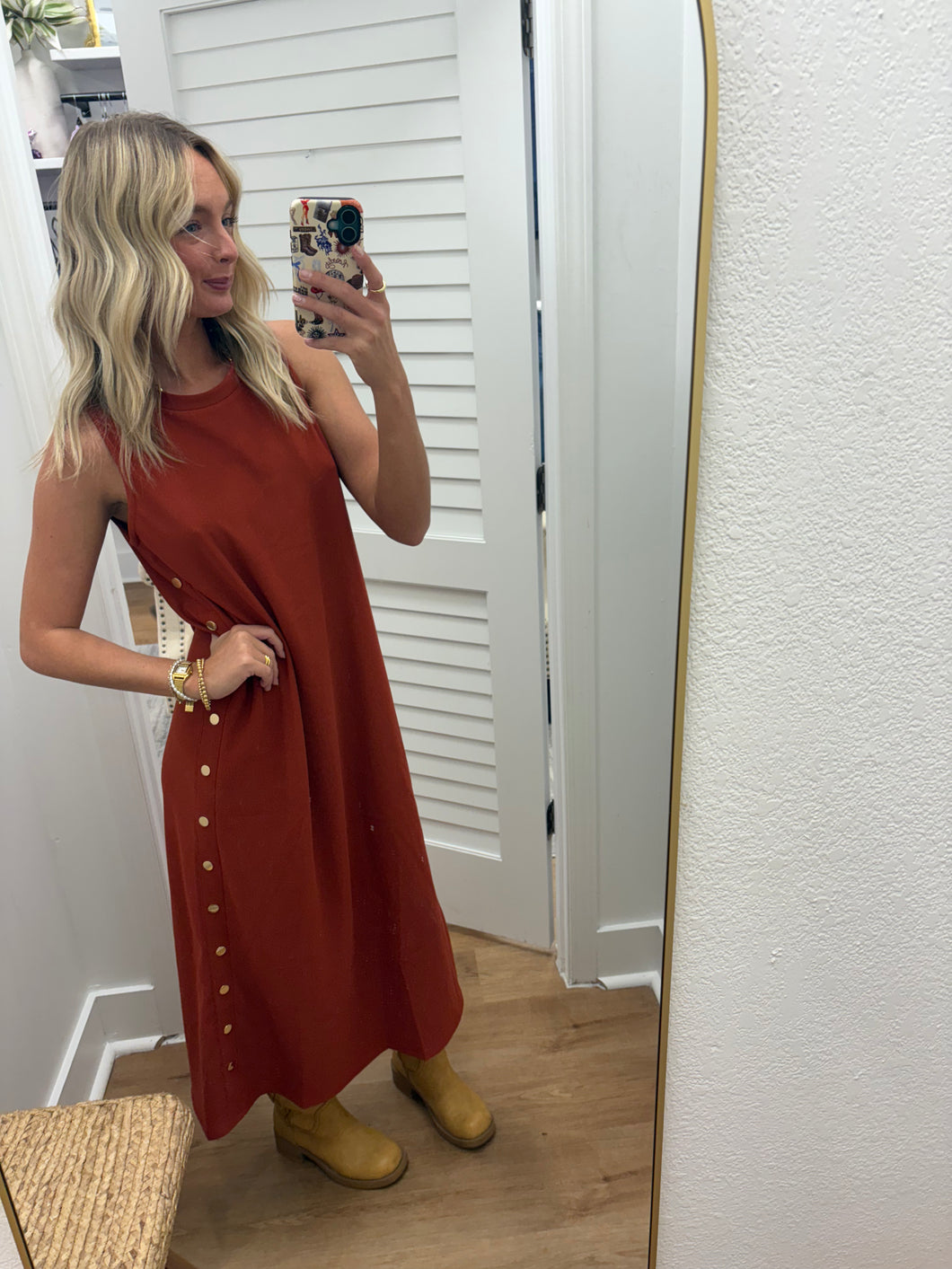 Gold Button Ribbed Sleeveless Midi Dress