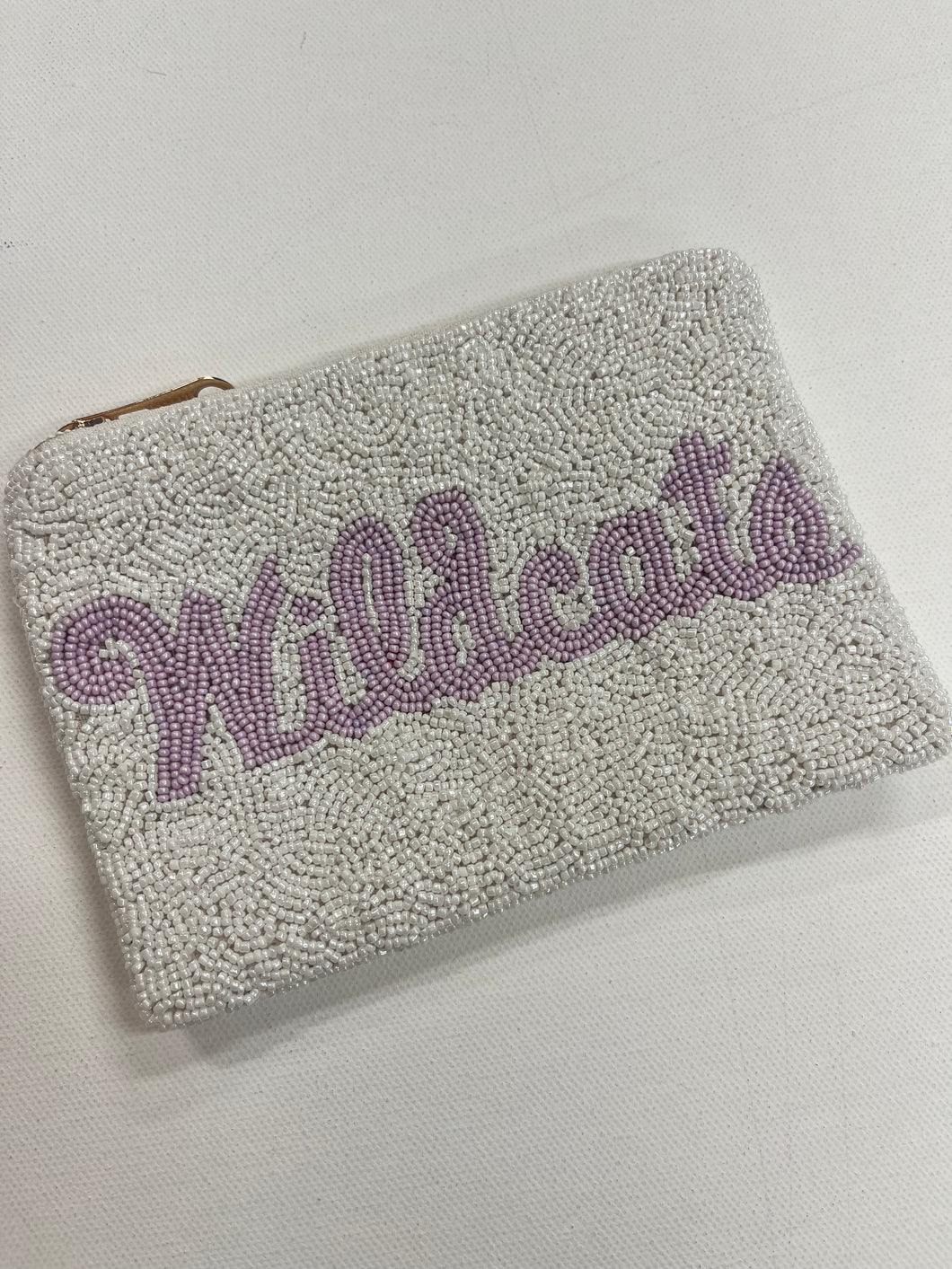 White Wildcat Beaded Coin Purse