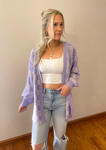 Lavender Checkered Loose Fit Cardigan