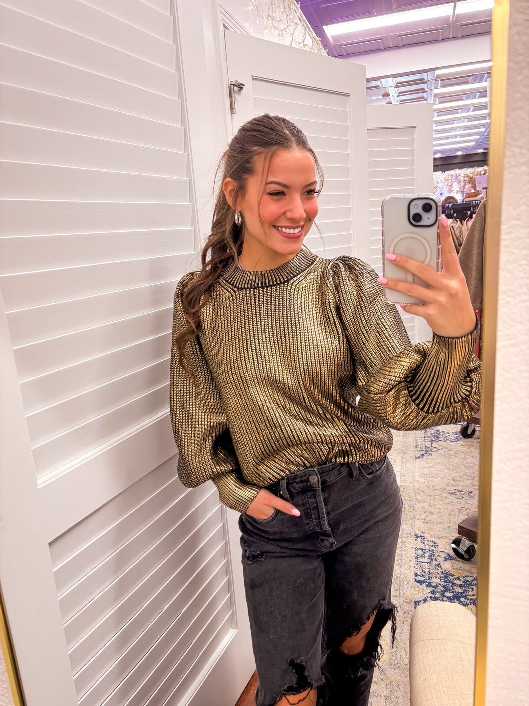 Metallic Knit Sleeves Pullover