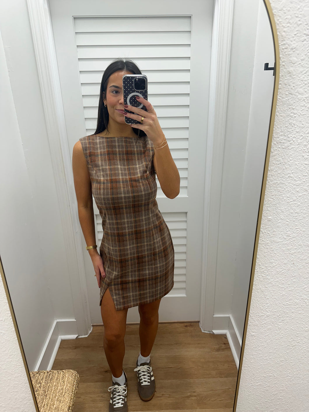 Plaid Neutral High Neck Dress