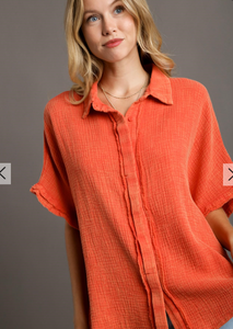 Mineral Wash Gauze Oversized Top- Orange