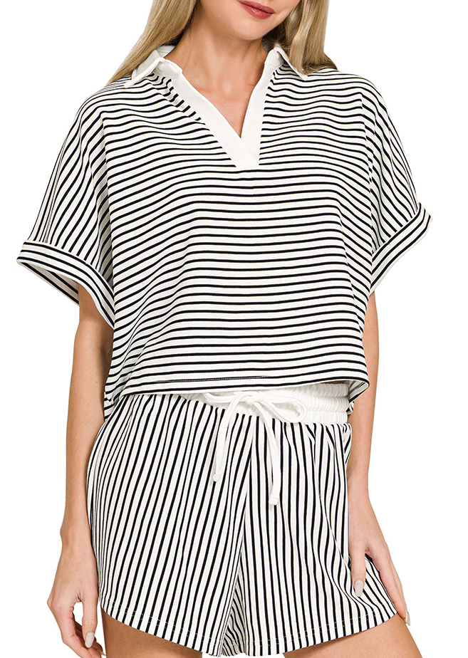 Black and White Striped Drawstring Shorts
