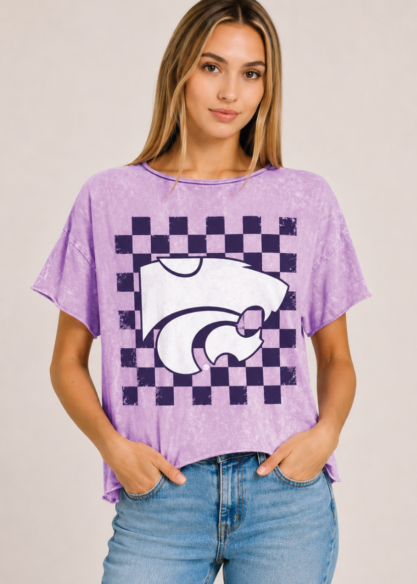 K-State Checkerboard Mineral Washed Box Tee – Lavender