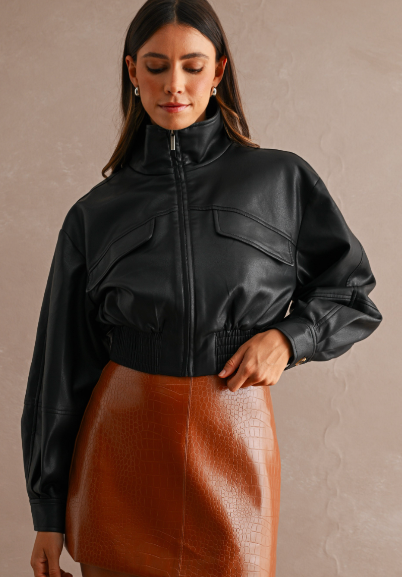 Faux Leather Front Zipper Closure Smocked Waistband Jacket