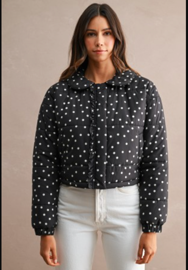 Polka Dot Round Collar Ruffle Trim Puffer Jacket