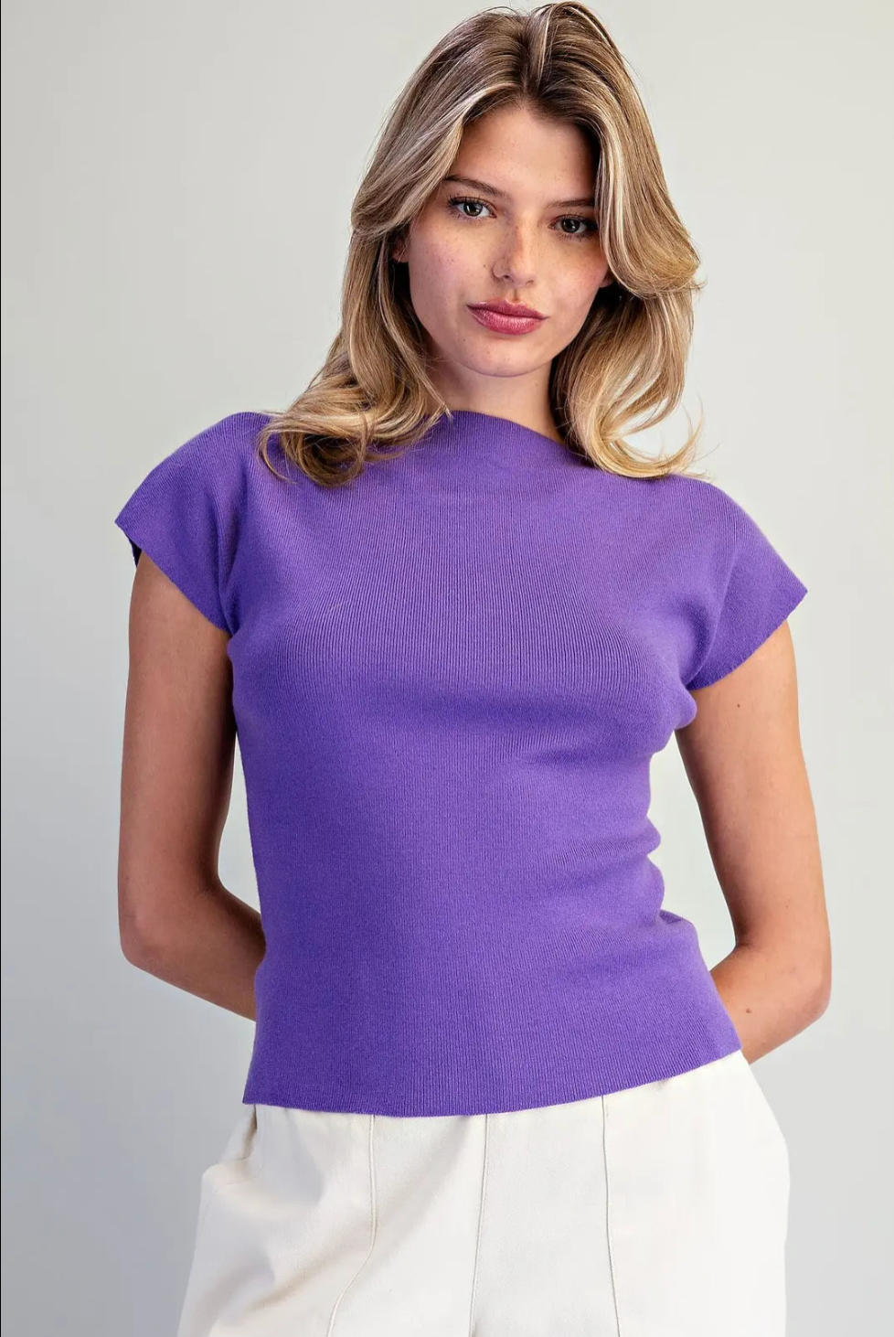 Purple Short Sleeve Mock Neck Knit Top