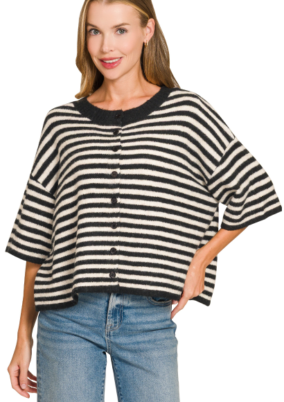 Striped Half Sleeve Cardigan Sweater