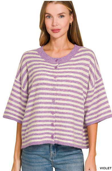 Striped Half Sleeve Purple Cardigan Sweater