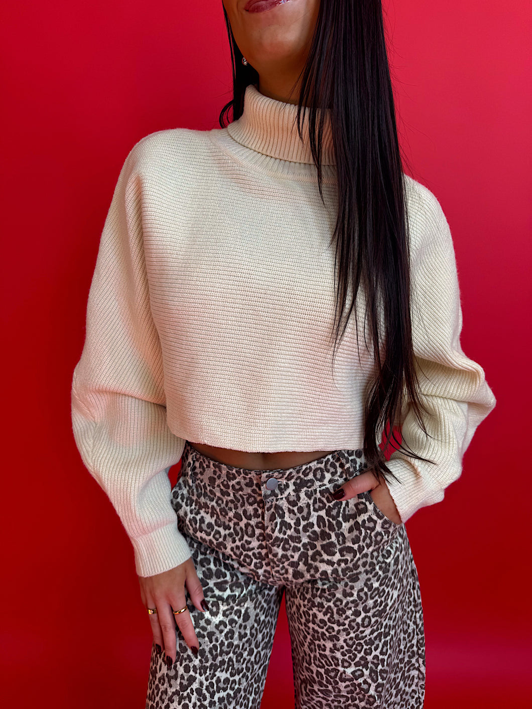 Cream Turtleneck Cropped Sweater