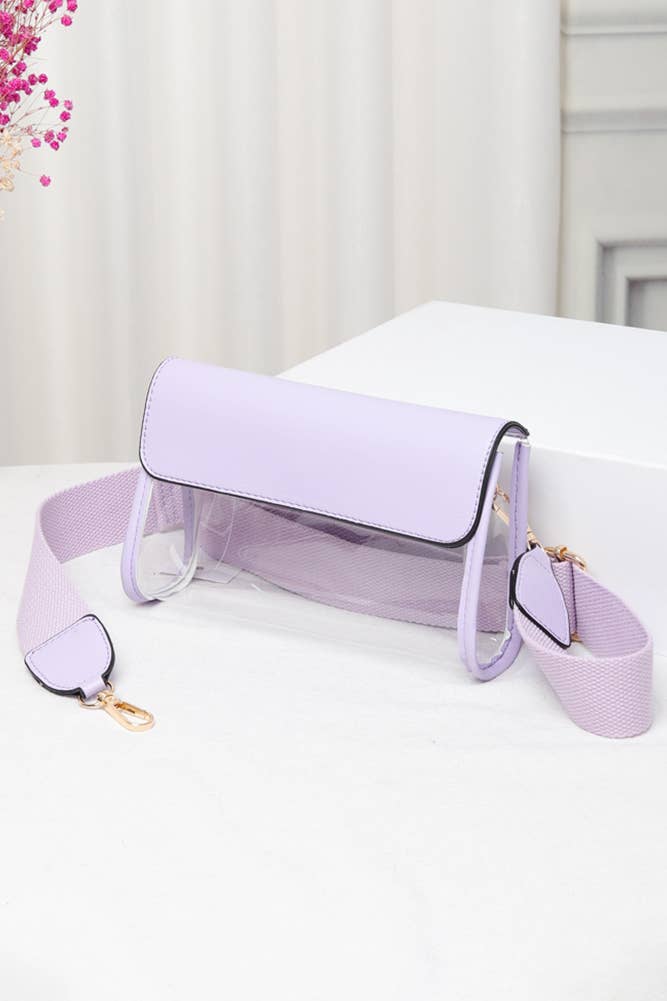 Solid Trim Clear Stadium Crossbody Bag: Purple