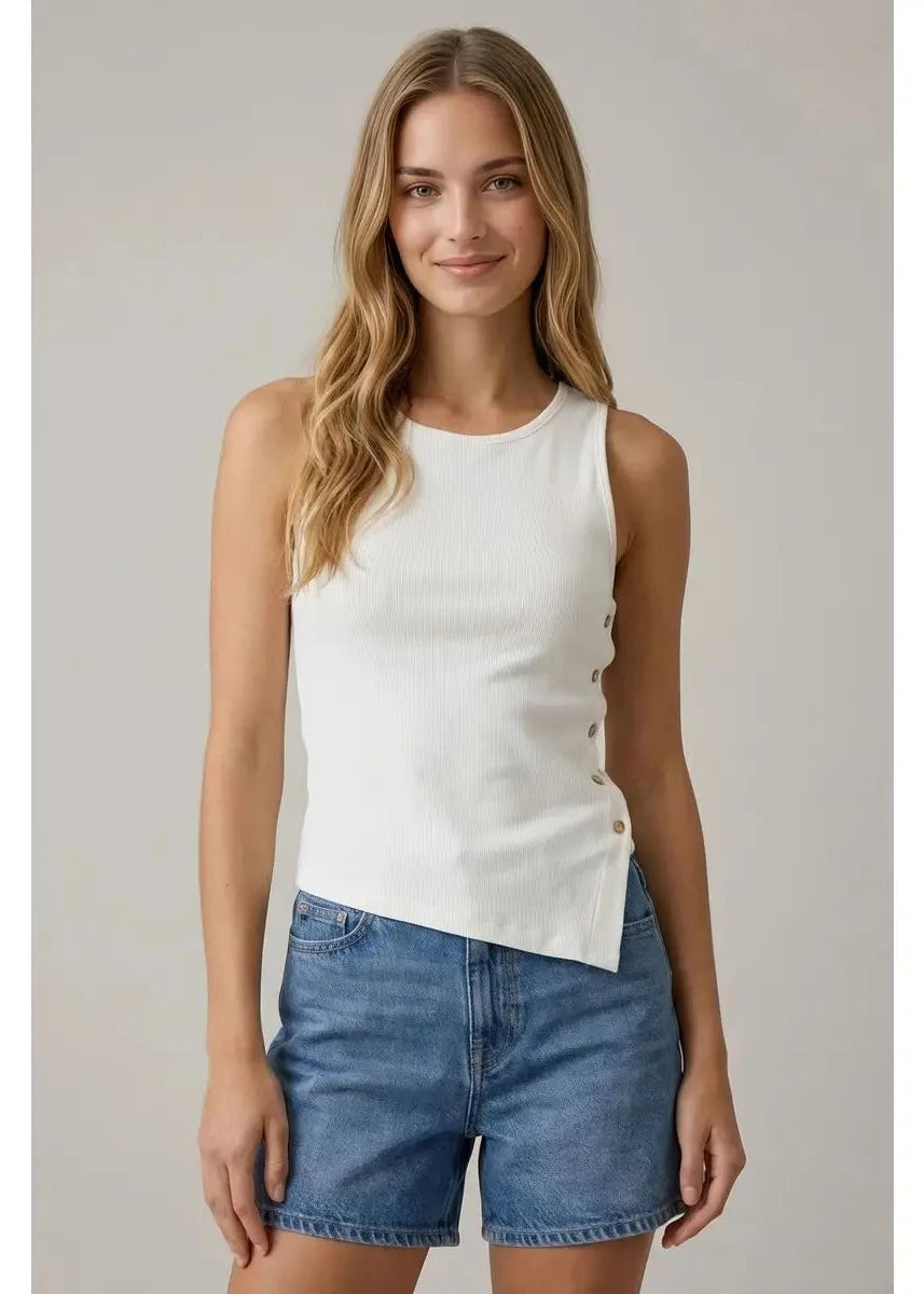 Ivory Side Button Down Boat Neck