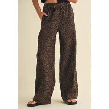 Leopard Print Wide Leg Pants - Brown