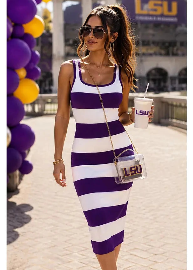 Purple Striped Knitted Midi Dress