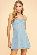 Bustier Style Denim Mini Dress in Denim by Baby Pink