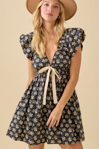 Floral Bubble Sleeve Bow Dress